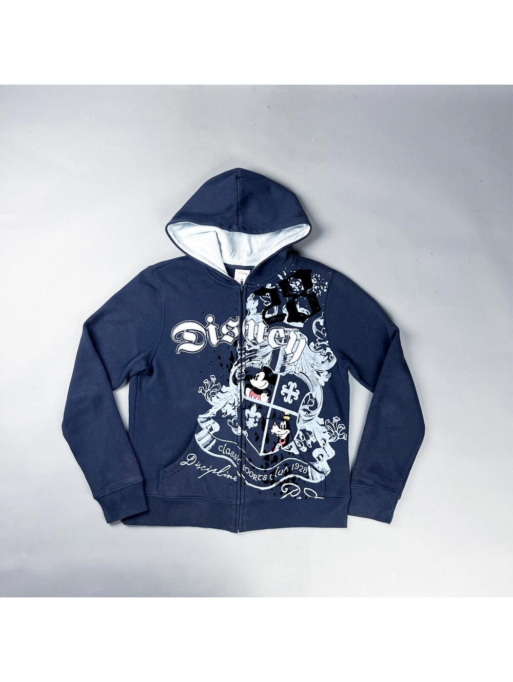Y2K Disney Women's Navy Zip-Up Hoodie, Large Front Graphic
